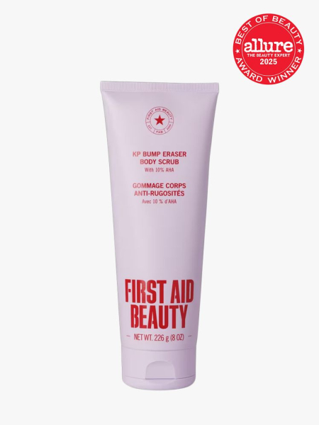 First Aid Beauty KP Bump Eraser Body Scrub in branded tube component with best of beauty seal in the top right corner on a light gray background