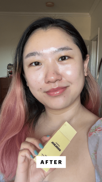 A selfie of Allure commerce editor Sarah Han after applying the Knours Koolsol Ultra Light Invisible Sunscreen SPF 50