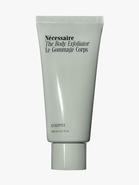 Nécessaire The Body Exfoliator Eucalyptus green tube on light gray background
