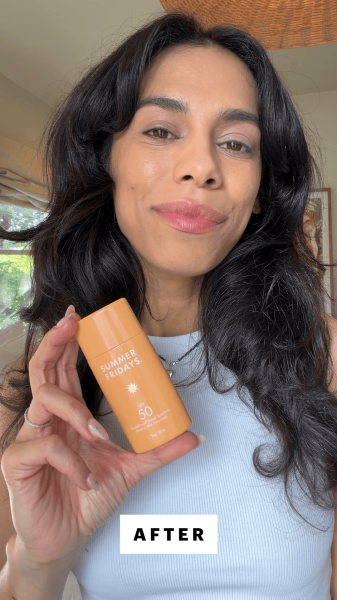Shipin after applying the Summer Fridays ShadeDrops Broad Spectrum SPF 50 Mineral Milk Sunscreen