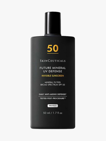 SkinCeuticals Future Mineral UV Defense Sunscreen SPF 50 black bottle of sunscreen on light gray background