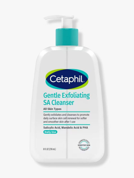 Cetaphil Gentle Exfoliating SA Cleanser bottle of cleanser with pump on light gray background