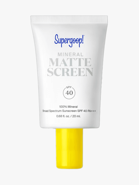 Supergoop! Mineral Mattescreen SPF 40 in branded tube component on a light gray background