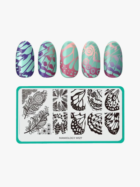Maniology Mystic Woods Leafy Feathers Butterfly Wings Nail Stencil in branded components on a light gray background