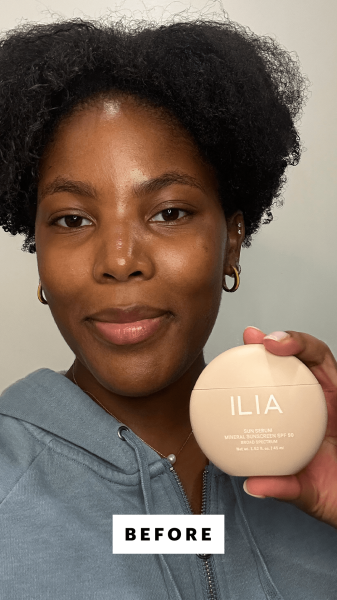 Malone before applying the Ilia Sun Serum Mineral Sunscreen SPF 50