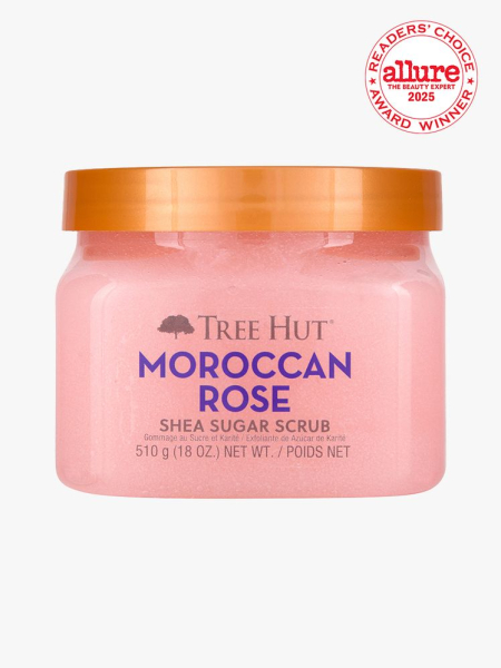 Tree Hut Moroccan Rose Shea Sugar Scrub pink jar of body scrub on light gray background with white Allure Readers' Choice Award seal in the top right corner