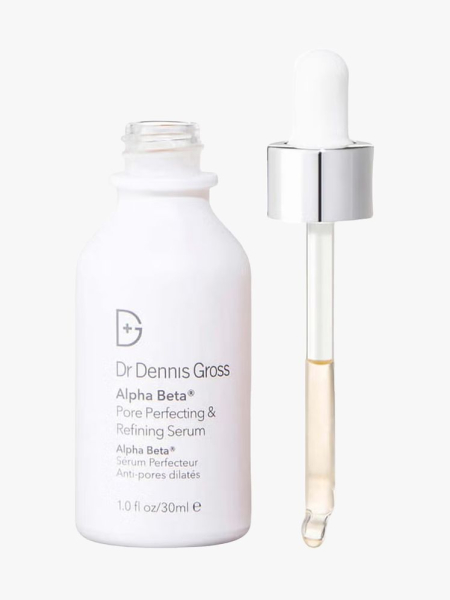 Dr. Dennis Gross Alpha Beta Pore Perfecting & Refining Serum in branded dropper component on a light gray background