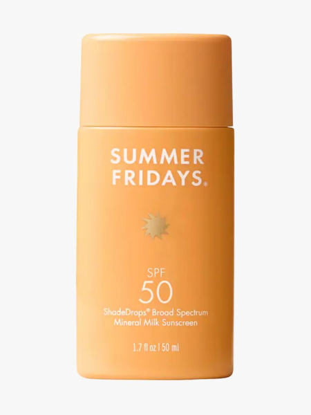 Summer Fridays ShadeDrops Broad Spectrum SPF 50 Mineral Milk Sunscreen in branded component on a light gray background