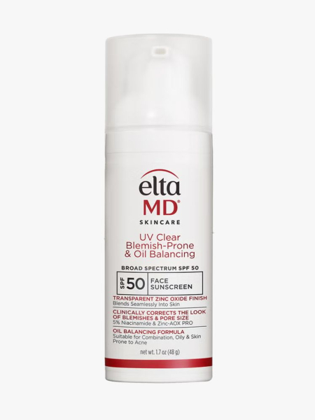 EltaMD UV Clear Acne Blemish-Prone & Oil Balancing SPF 50 in branded component on a light gray background