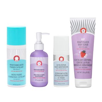 First Aid Beauty After-Shower Nourishing Body Oil, Brightening Micro Powder Exfoliant, KP Bump Eraser Body Scrub 10% AHA Fresh Strawberry, or Ultra Repair Face Moisturizer