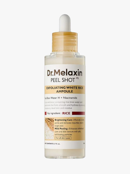 Dr. Melaxin Peel Shot Exfoliating White Rice Ampoule in branded dropper component on a light gray background