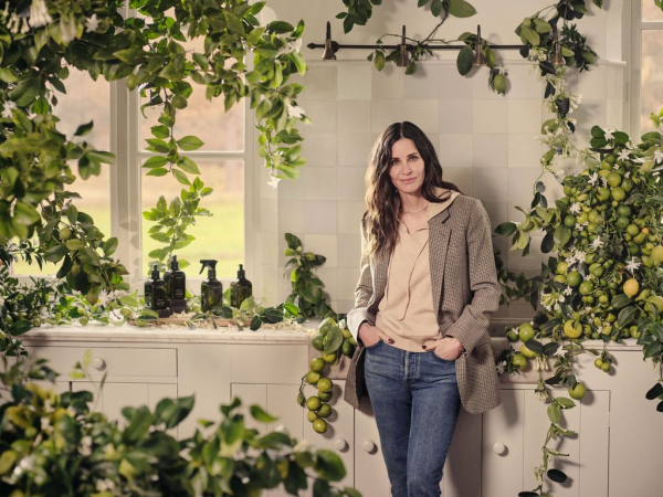 Image of Courteney Cox next to Homecare products