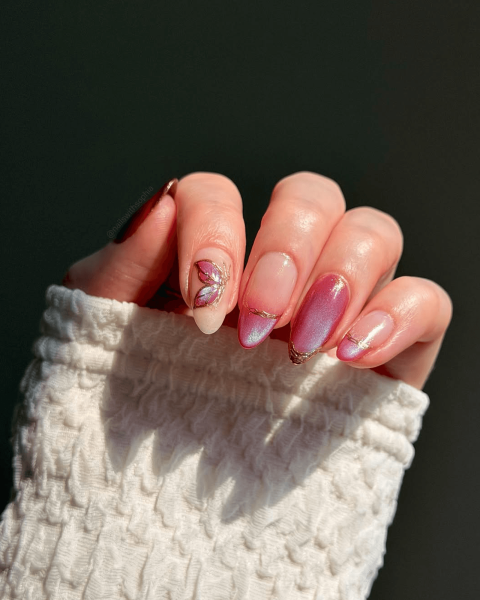Pink and gold butterfly nails