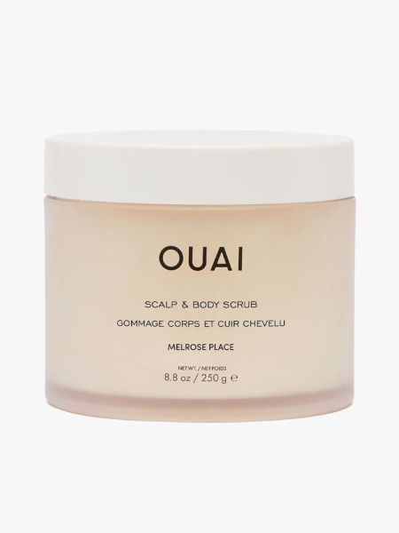 Ouai Scalp & Body Scrub in branded tub component on a light gray background